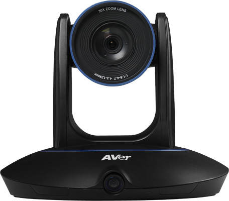 AVer PTC500S camera in black with a 2 MP CMOS sensor, featuring a prominent 30x zoom lens and a sleek, modern design for high-definition video at 1920 x 1080 pixels and 60 fps.