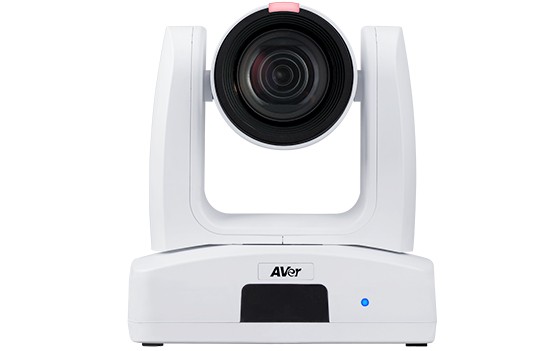 AVer TR211 camera features a sleek white design, a prominent black lens, and a compact base with a blue indicator light, offering 2 MP resolution and 60 fps video quality.