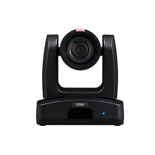 AVer TR335 camera in black, featuring an 8 MP Exmor CMOS sensor, 3840 x 2160 resolution, and a sleek design with a prominent lens and pan-tilt base.