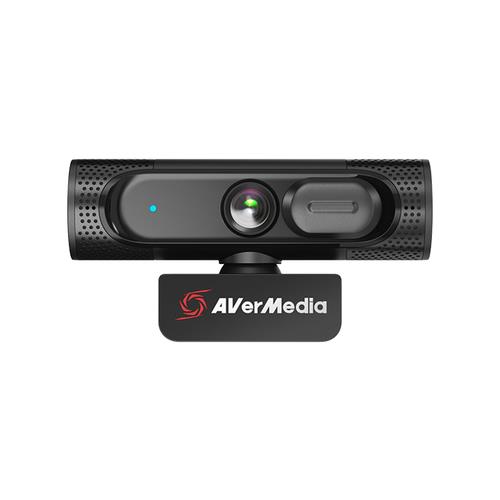 AVerMedia PW315 webcam in black, featuring a 2 MP lens, 1920 x 1080 pixel resolution, integrated microphone, and a clip-on base for easy mounting.
