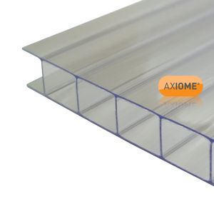 Clear 10mm twinwall polycarbonate roofing sheet with a transparent finish, featuring a ribbed structure and dimensions of 1000 x 3000mm, branded as Axiome.