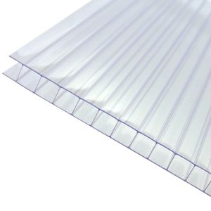 Clear 10mm twinwall polycarbonate roofing sheet, measuring 1000 x 5000mm, featuring a transparent design with ribbed texture for enhanced strength and light transmission.