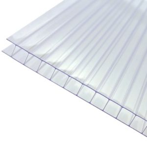 Clear 10mm twinwall polycarbonate roofing sheet, measuring 690 x 5000mm, featuring a transparent design with a ribbed texture for enhanced strength and insulation.