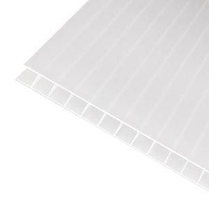 Clear Amber Axiome Opal 10mm twinwall polycarbonate roofing sheet in a translucent white color, measuring 690 x 2500mm, featuring a ribbed surface for strength and durability.