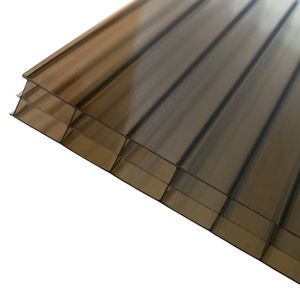 Axiome Bronze 16mm multiwall polycarbonate roofing sheet in brown, measuring 690 x 2000mm, showcasing a ribbed texture and sturdy construction.