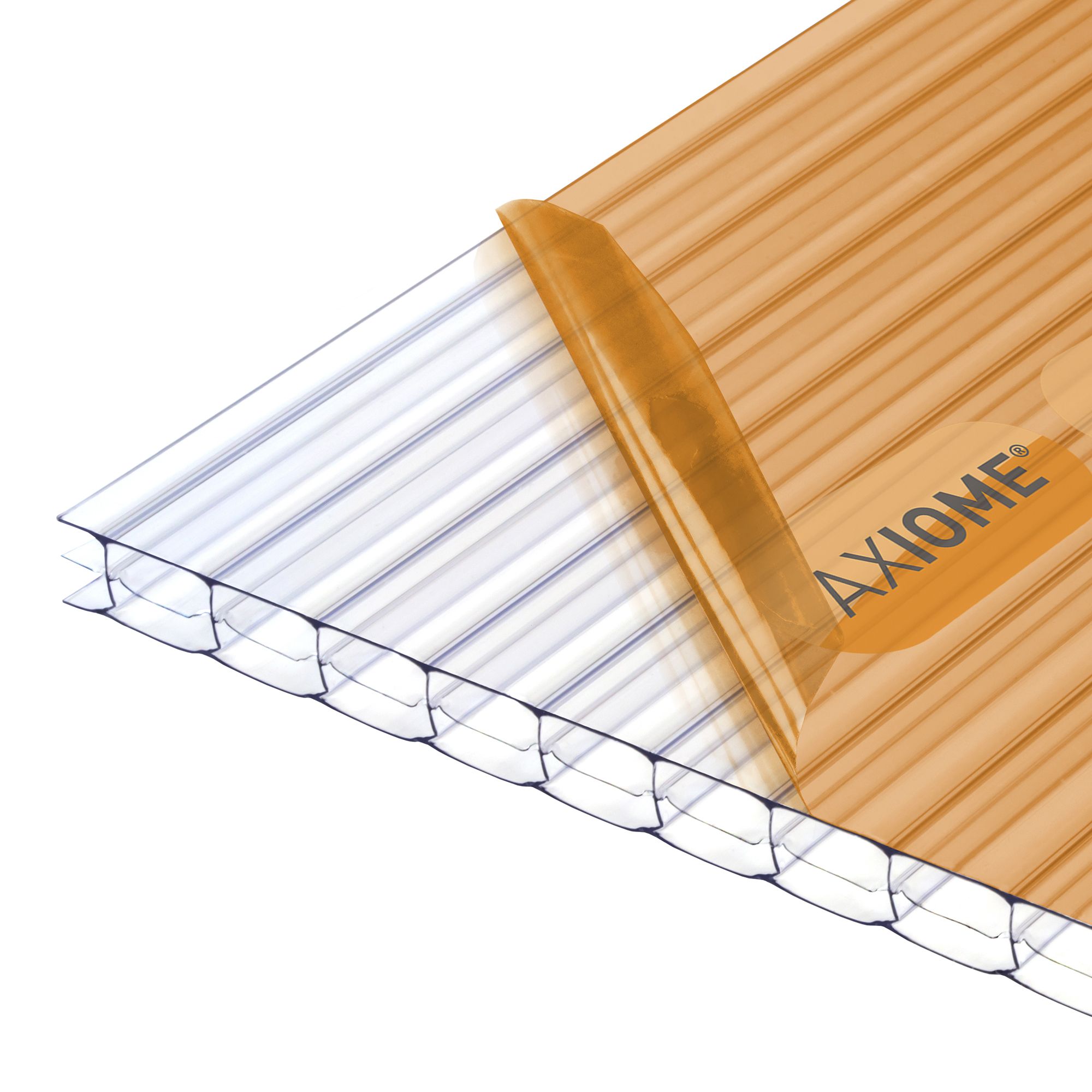 Clear multiwall polycarbonate sheet with a thickness of 16mm, measuring 1000mm by 690mm, featuring a ribbed design and a protective amber film on one side.
