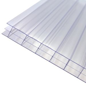 Clear 16mm multiwall polycarbonate roofing sheets with a transparent finish, featuring a ribbed design, measuring 690 x 5000mm, ideal for durable and lightweight roofing solutions.