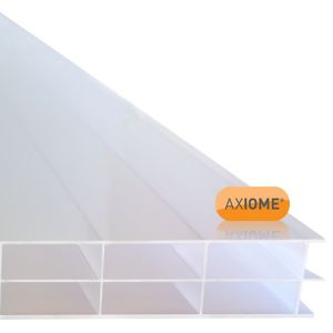 Clear Amber Axiome Opal 16mm multiwall polycarbonate roofing sheet, translucent white with a ribbed surface, measuring 690 x 5000mm, featuring a sturdy, lightweight design.