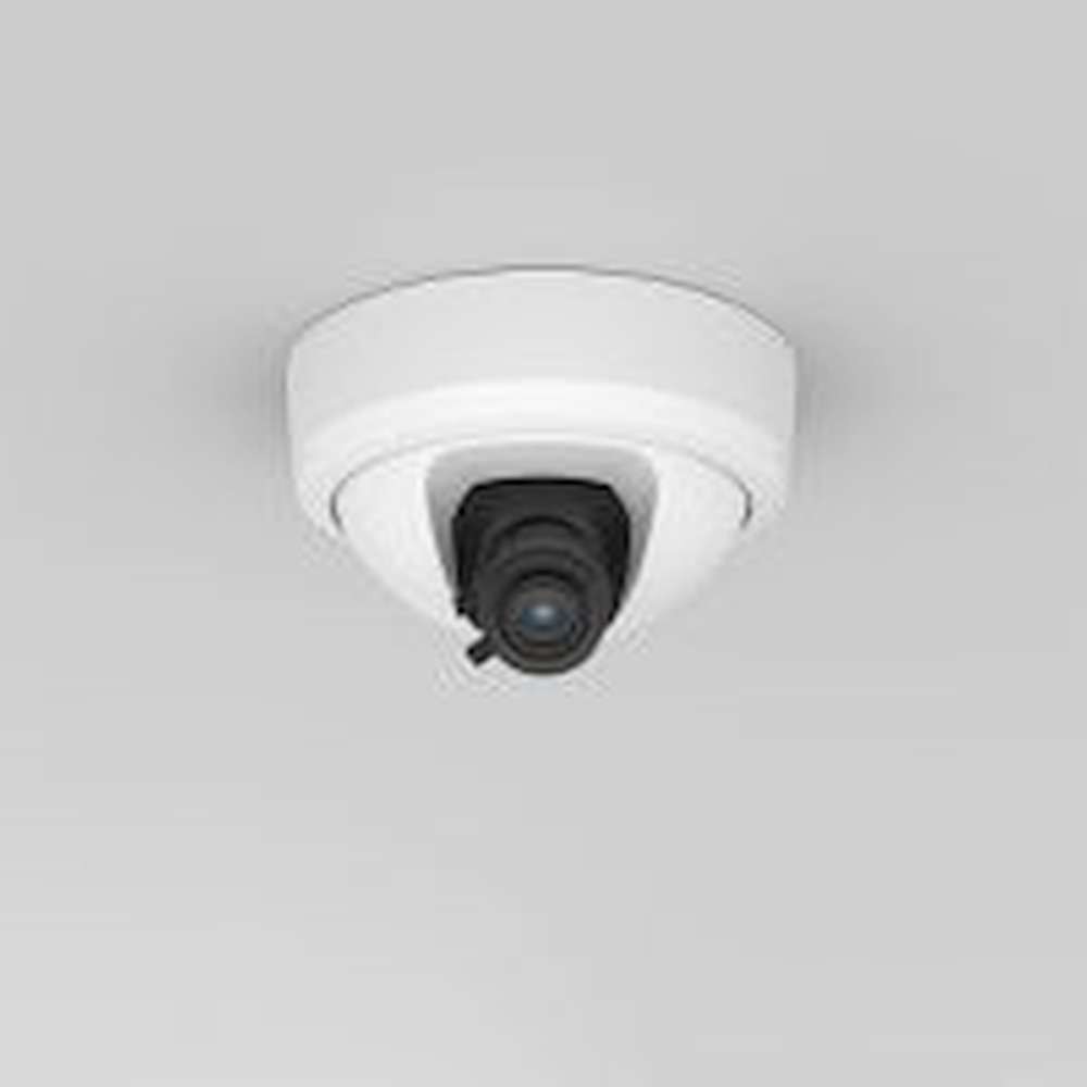 White circular ceiling mount with a black security camera lens protruding from the center, designed for surveillance applications.