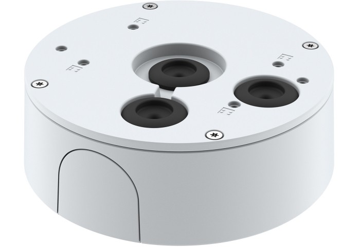 White circular mounting box with three openings, black rubber grommets, and visible screw holes for secure installation of network cameras.