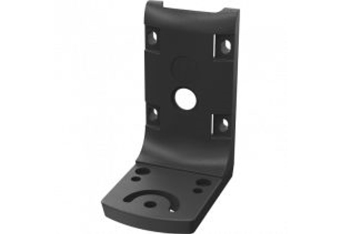 Black mounting kit made of sturdy material, featuring a curved design with multiple pre-drilled holes for secure installation and a central hole for cable management.