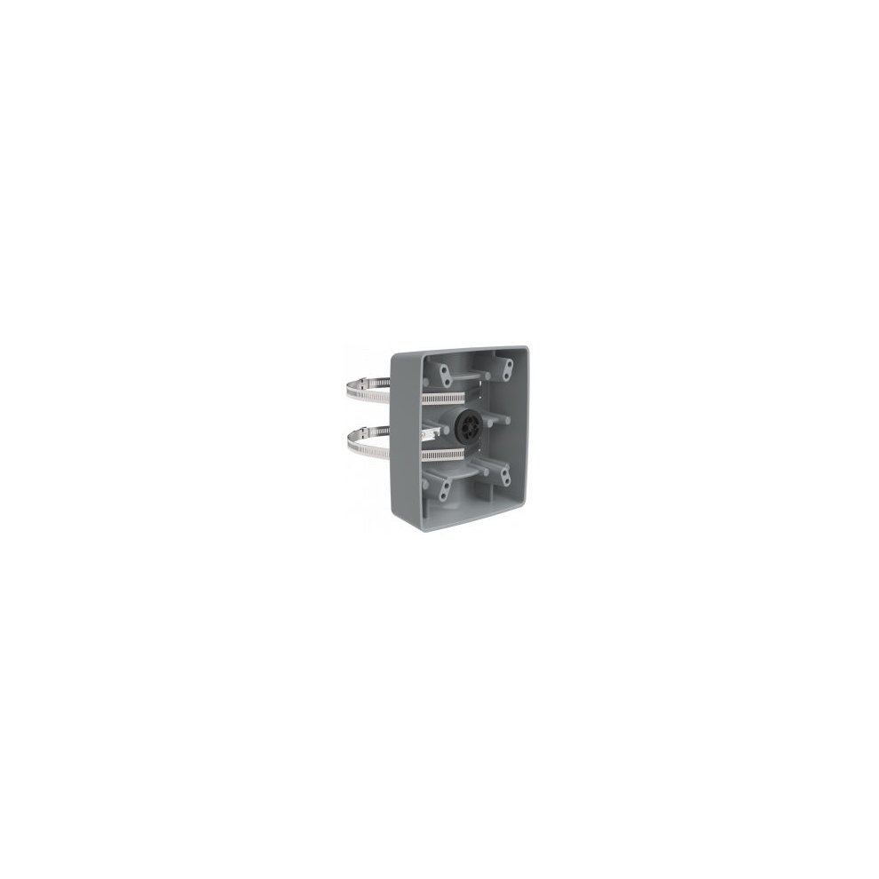 Gray pole mount for network camera featuring a sturdy rectangular base with multiple mounting holes and adjustable brackets for secure installation.