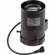 Black security camera lens with a cylindrical shape, featuring a glass lens at the front, a connector cable, and labeled "Mega Pixel" for high-resolution imaging.
