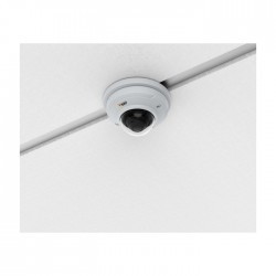 Ceiling mount for network camera in white, featuring a rounded design with a dome-shaped camera housing, designed for secure attachment to ceilings.