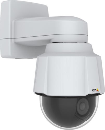 White dome IP security camera with a sleek design, featuring a black lens cover and AXIS logo, mounted on a wall bracket for indoor and outdoor use.