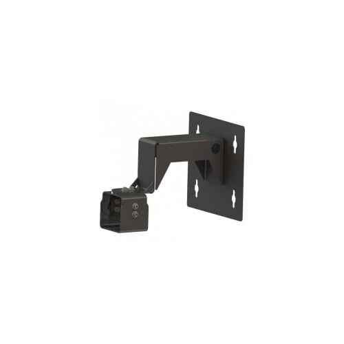 Black metal wall mount bracket for security cameras, featuring an adjustable arm and a square base with multiple mounting holes for secure installation.