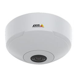 White dome-shaped indoor security camera with a black lens at the center, featuring the AXIS logo in red, yellow, and black on the top.