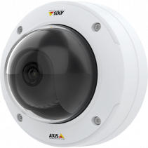 White dome-shaped outdoor security camera with a dark lens, featuring a sleek design and visible mounting screws, labeled with the AXIS logo.