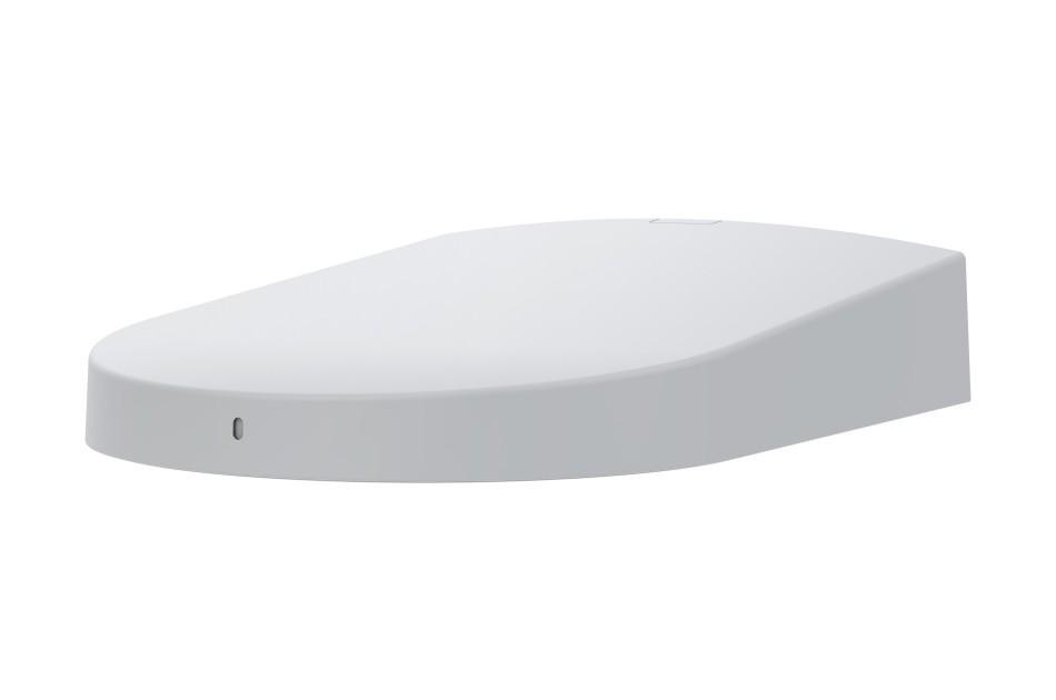 White, sleek, low-profile mount for security cameras, featuring a smooth surface and a small indicator light, designed for easy installation and discreet placement.