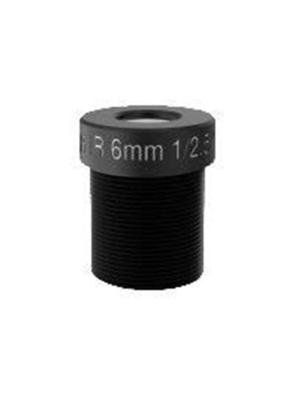 Black cylindrical security camera accessory with threaded design, featuring engraved markings indicating a 6mm lens and 1/2.3" sensor compatibility.