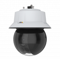 White dome-shaped security camera with a black glass lens, featuring a sleek design and a mounting bracket on top for indoor and outdoor surveillance.