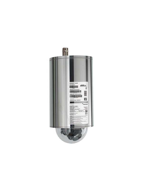 Silver bullet-shaped outdoor security camera with a clear dome, featuring a visible mounting bracket and a label with product information on the back.