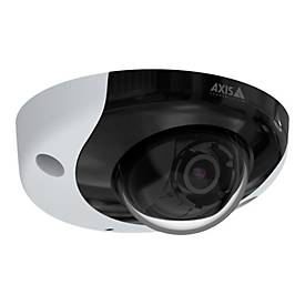 Dome-shaped security camera featuring a black and white design, with a prominent lens and a sleek, modern appearance, designed for IP surveillance at 1920 x 1080 resolution.