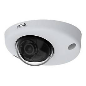 White dome-shaped IP security camera with a black lens cover, featuring a sleek design and the AXIS logo prominently displayed on the top.
