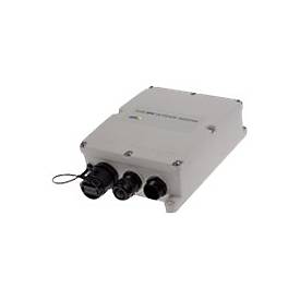 White, weather-resistant outdoor midspan IP camera with two cable connectors and a compact design, featuring a sturdy casing for durability in various environments.
