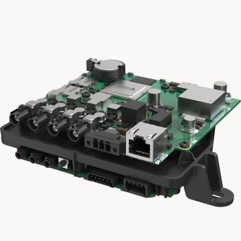 Axis 01991-031 video decoder featuring a green circuit board with multiple ports, connectors, and a compact black casing, designed for 4-channel 3840 x 2160 pixel video output.