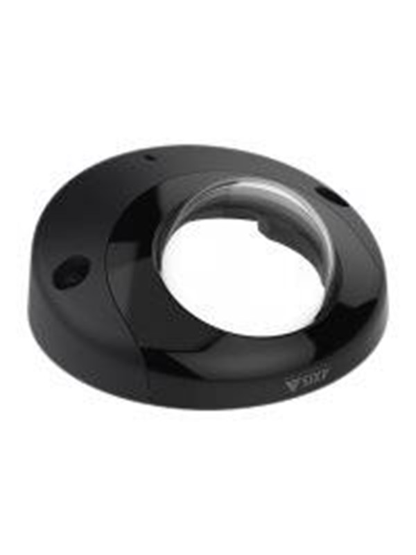 Black plastic security camera accessory cover with a circular design, featuring a clear lens opening and two mounting holes for installation.
