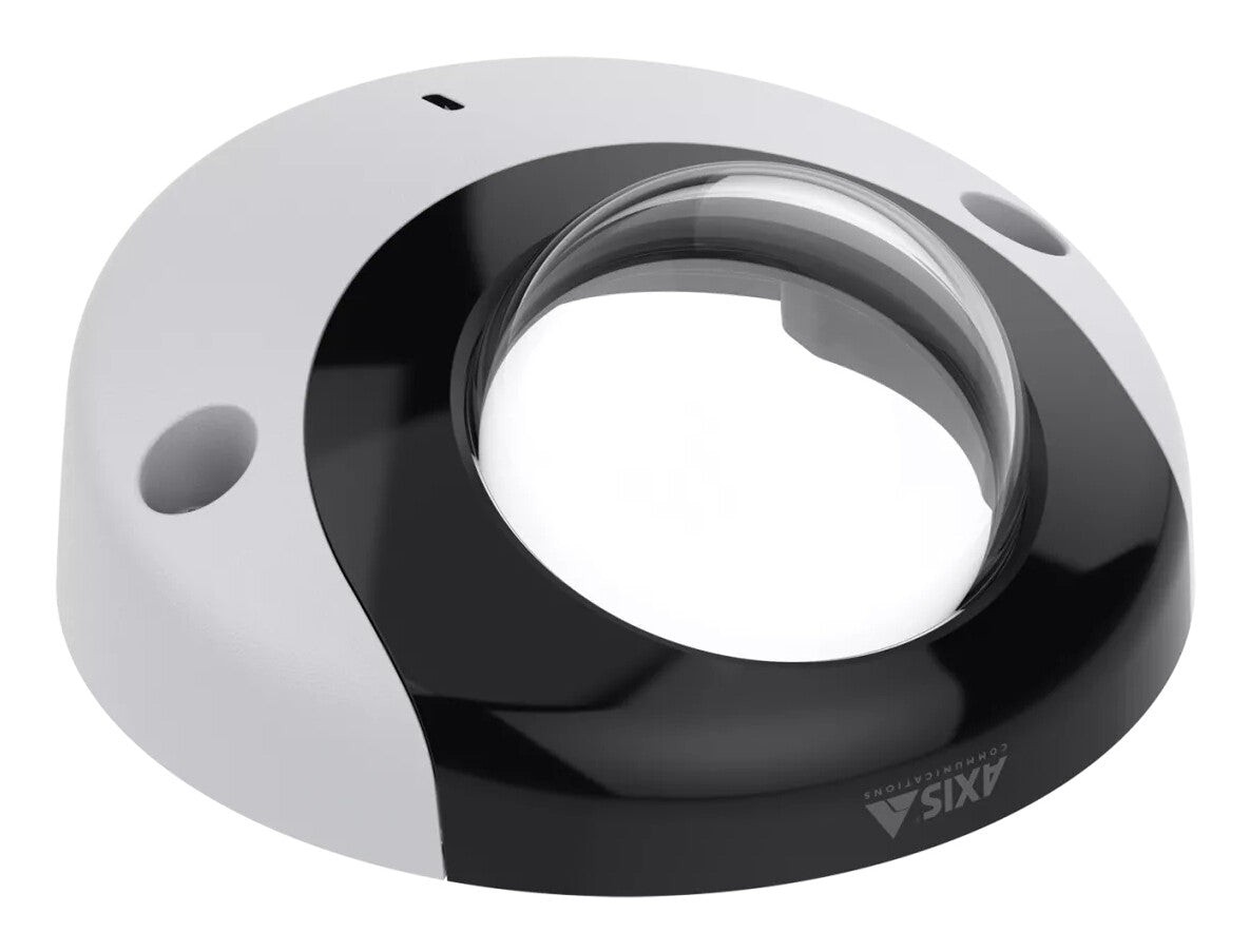 Black and white security camera accessory cover with a clear lens dome, featuring two mounting holes and an AXIS logo on the base.