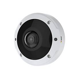 White circular outdoor IP camera with a black lens cover, featuring a 6MP resolution, panoramic view capability, built-in microphones, and vandal-resistant design.