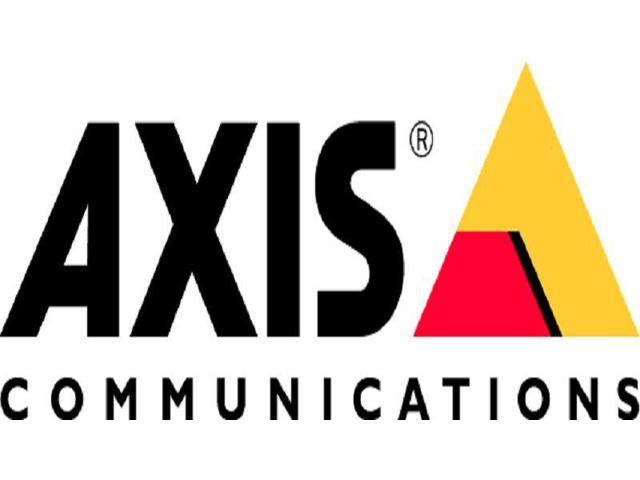 White outdoor security camera with a sleek design, featuring a lens, adjustable mount, and the AXIS logo prominently displayed in black and yellow.