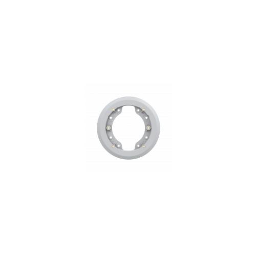 White circular mount adapter with a smooth surface, featuring six silver screws around the edge for secure attachment, designed for AXIS security cameras.