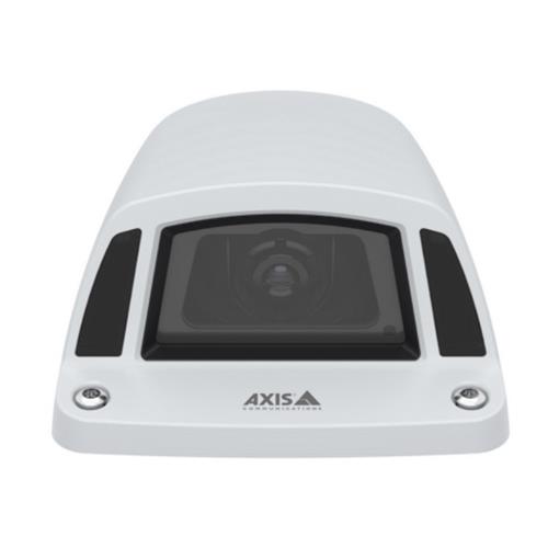 White indoor security camera with a sleek design, featuring a black lens cover and textured sides, capable of 1920 x 1080 P resolution, branded with AXIS logo.