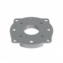 Gray metal mounting plate with a central hole and multiple screw holes for secure attachment, designed for use with AXIS security cameras.