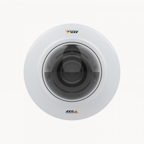 White circular IP security camera with a sleek design, featuring a prominent black lens in the center and the AXIS logo at the bottom, suitable for indoor surveillance.