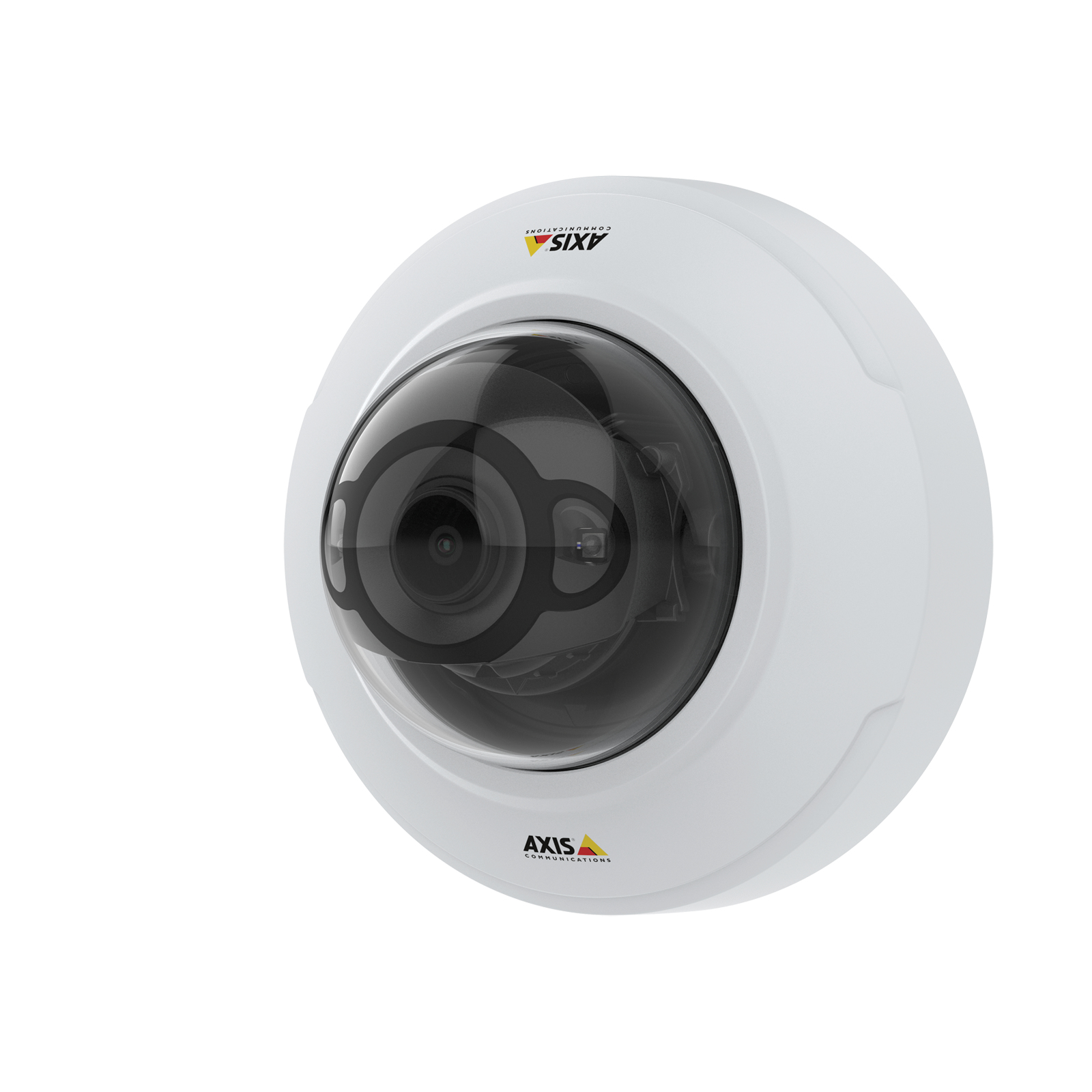 White dome-shaped indoor network camera with a glossy black lens, featuring the AXIS logo and a sleek, modern design suitable for surveillance.