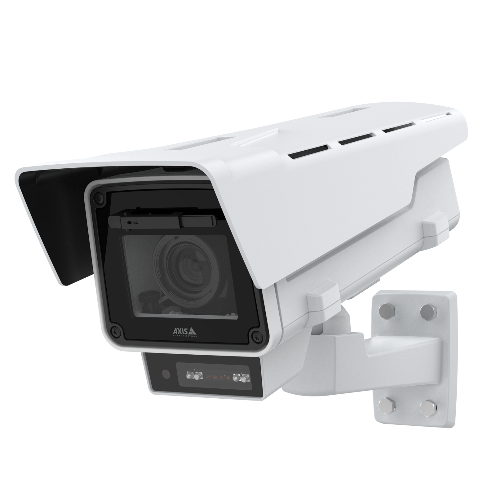 White 4MP outdoor network box camera with a sleek design, featuring a protective cover, adjustable mount, and visible lens and infrared LED lights for enhanced surveillance.