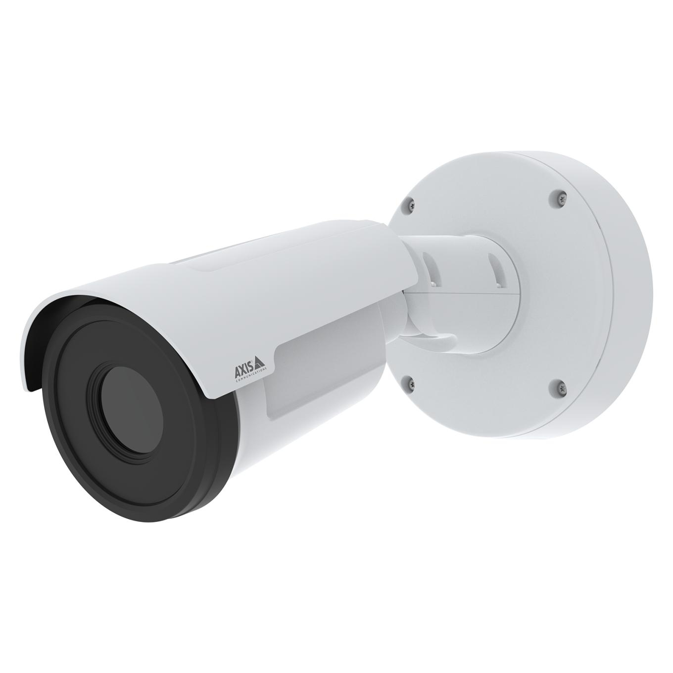 White bullet-style outdoor security camera with a black lens, featuring a sturdy mounting bracket and sleek design, ideal for surveillance applications.