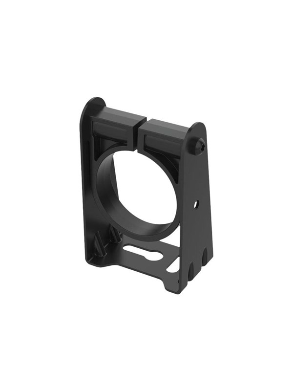 Black metal mount designed for security cameras, featuring a circular opening and sturdy base with cutouts for secure installation.
