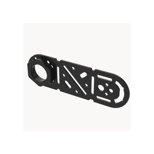 Black metal mounting bracket for AXIS security cameras, featuring a sleek design with multiple holes for secure attachment and a circular opening for camera integration.