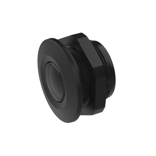 Black metal security camera accessory with a circular design, featuring a threaded outer edge for secure attachment and a smooth lens surface in the center.