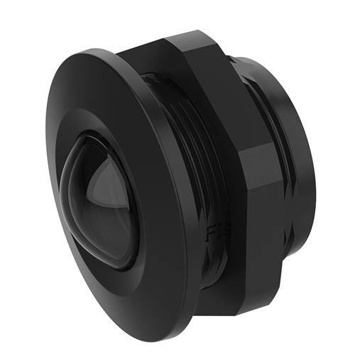Black security camera accessory mount with a rounded lens, featuring a threaded base for secure attachment and a sleek, modern design.