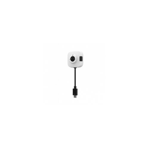 Wired black and white body camera with a compact design, featuring a lens on the front and a connecting cable, capable of recording in 1920 x 1080 pixels.