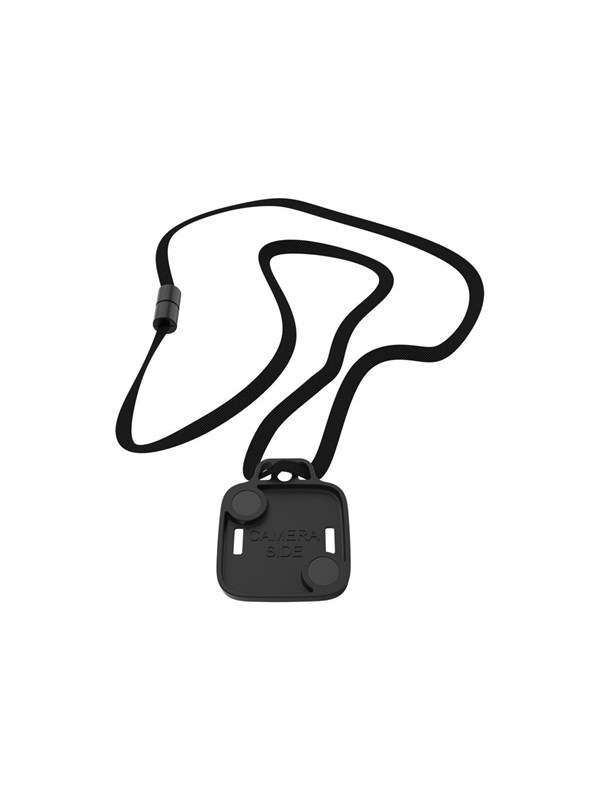 Black security camera accessory mount with a flat base and two attachment points, featuring a durable strap for easy carrying or securing.