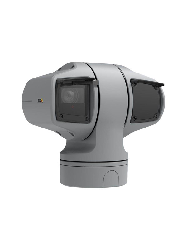 Gray outdoor IP security camera with a sleek design, featuring dual lens covers and a rounded base, capable of 1920 resolution for high-quality surveillance.