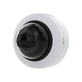 White dome-shaped IP security camera with a black lens, featuring a sleek design suitable for indoor use, labeled with the AXIS logo.