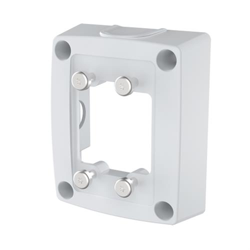 White plastic cable box with a rectangular opening, featuring four silver screws for secure mounting, designed for use with AXIS security cameras.